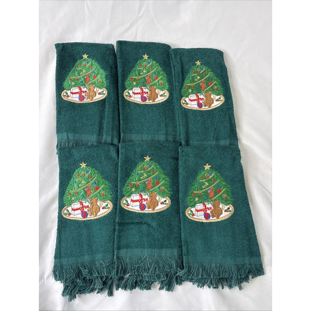 Vtg Christmas Fingertip Towels Set Of 6 Green‎ Embroidered Teddy Bear Tree New